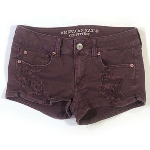 American Eagle Jean Shorts Womens Sz 4 Distressed Maroon Denim Stretch Low Rise